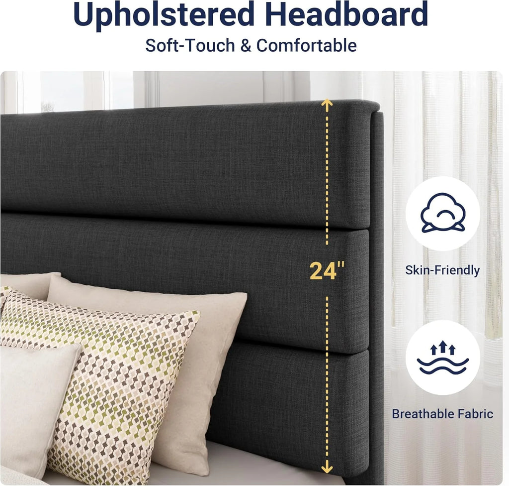 Allewie Queen Size Platform Bed Frame Fabric Upholstered Headboard Wooden Slats Support
