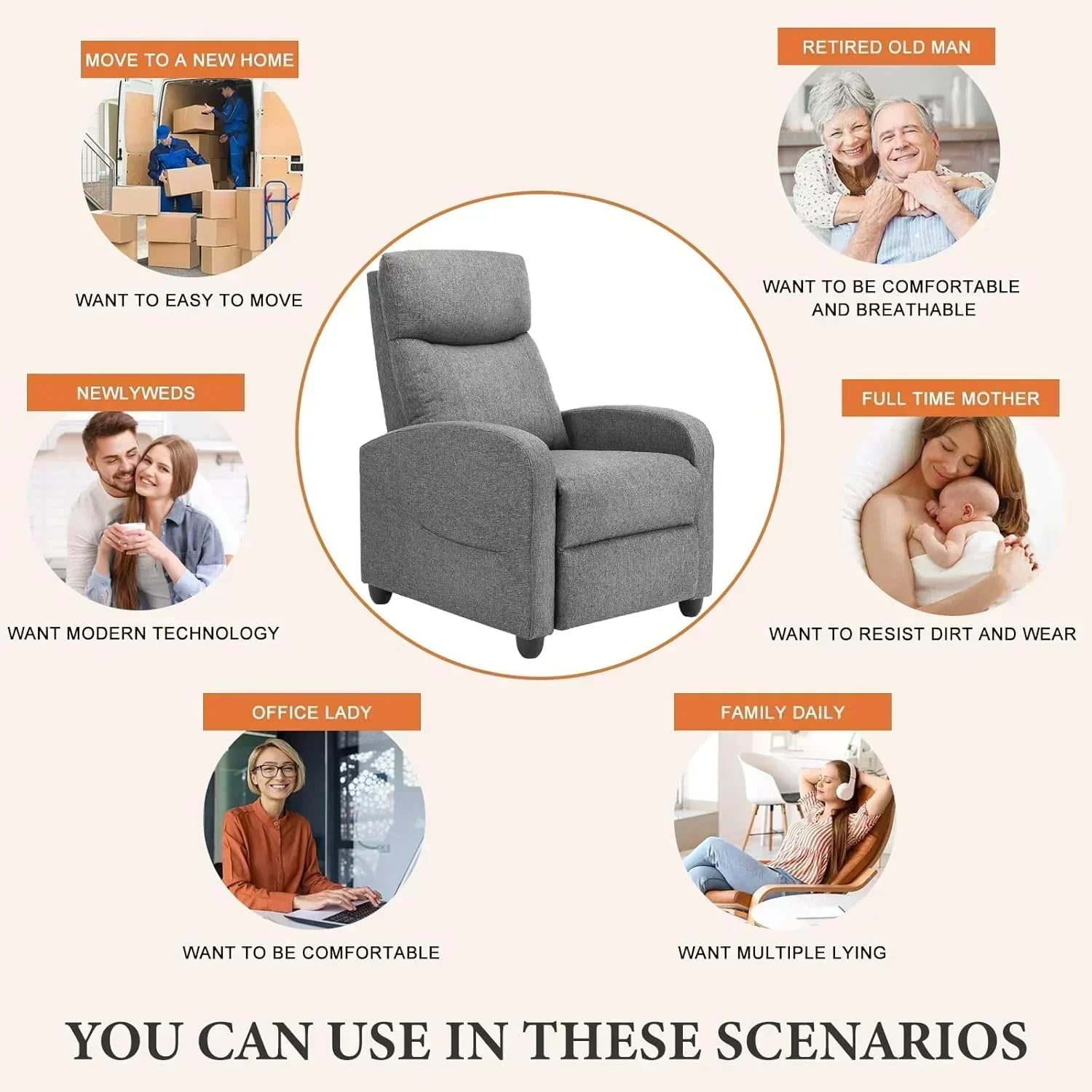 Sweet and crisp rocking chair 360 degree rotating recliner with sliding function