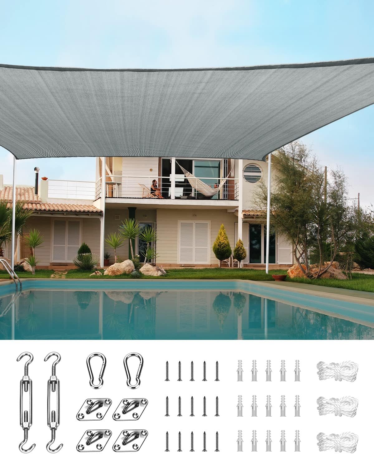 Quictent 20X20FT 185G HDPE Square Sun Shade Sail Canopy 98% UV Block Outdoor Patio Garden with Hardware Kit (Brown)