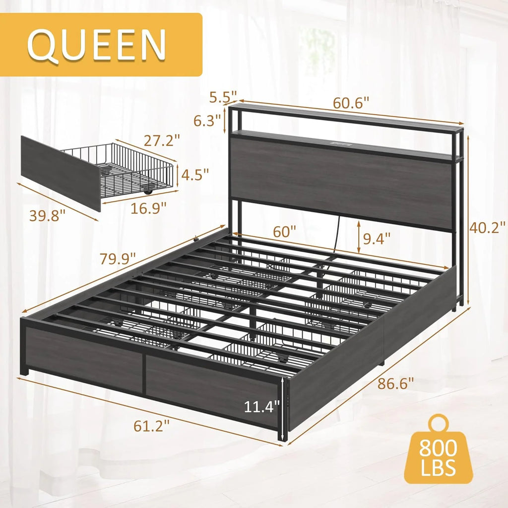 Lifezone Queen Bed Frame with 2-Tier Storage Headboard, Metal Platform Bed Frame with 4 Storage Drawers, Built in Charging Station & LED, Noise-Free/Metal Support/No Box Spring Needed