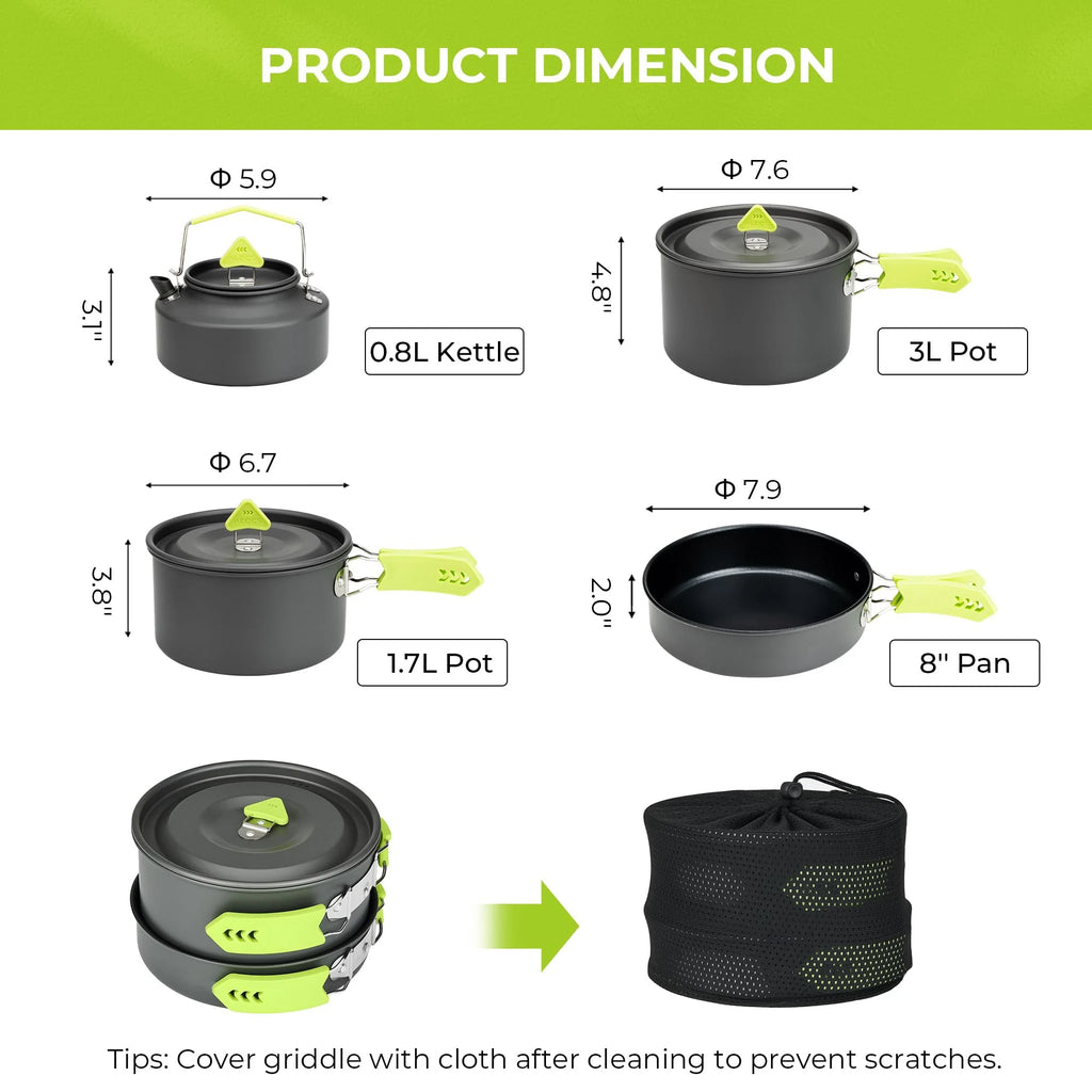 4 Piece Lightweight Aluminum Camping Cookware Set with Kettle for 2 to 4 People