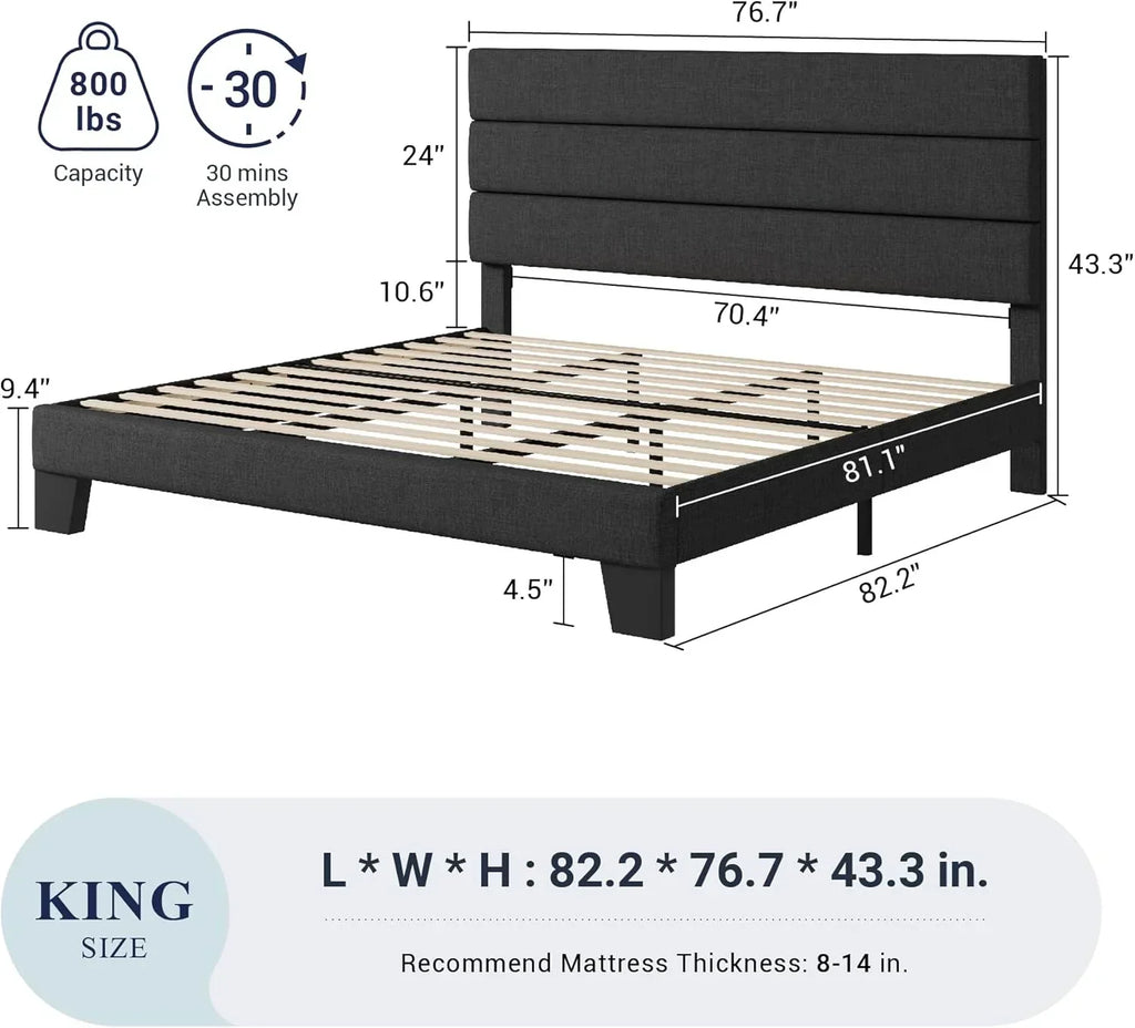 Allewie King size platform bed frame with velvet upholstered headboard and planks