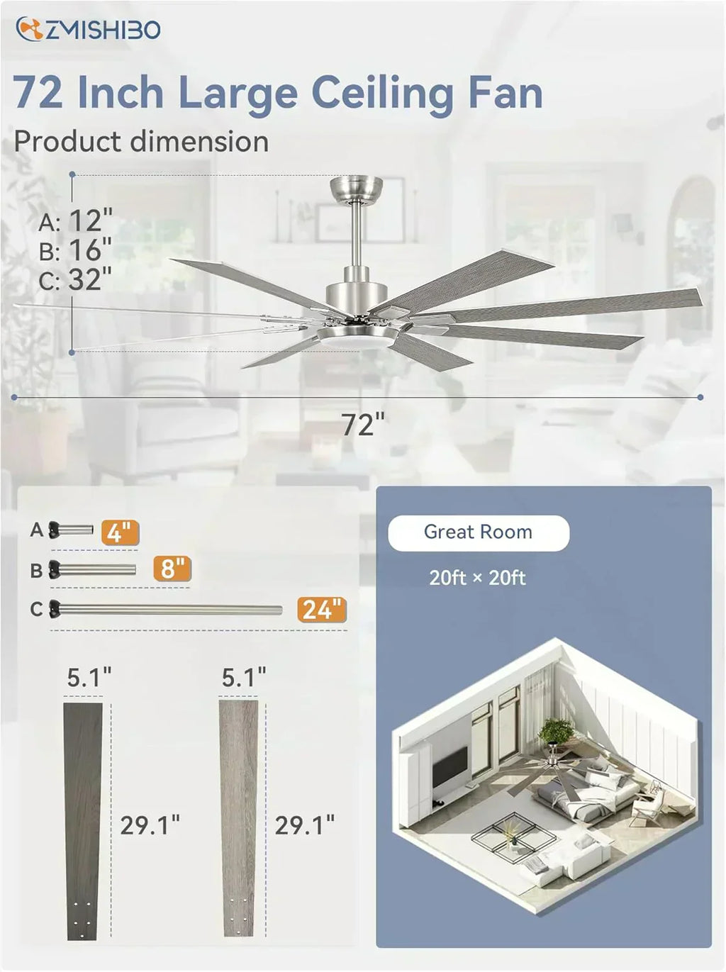 Zmishibo 72-inch large ceiling fan with lighting and remote indoor/outdoor