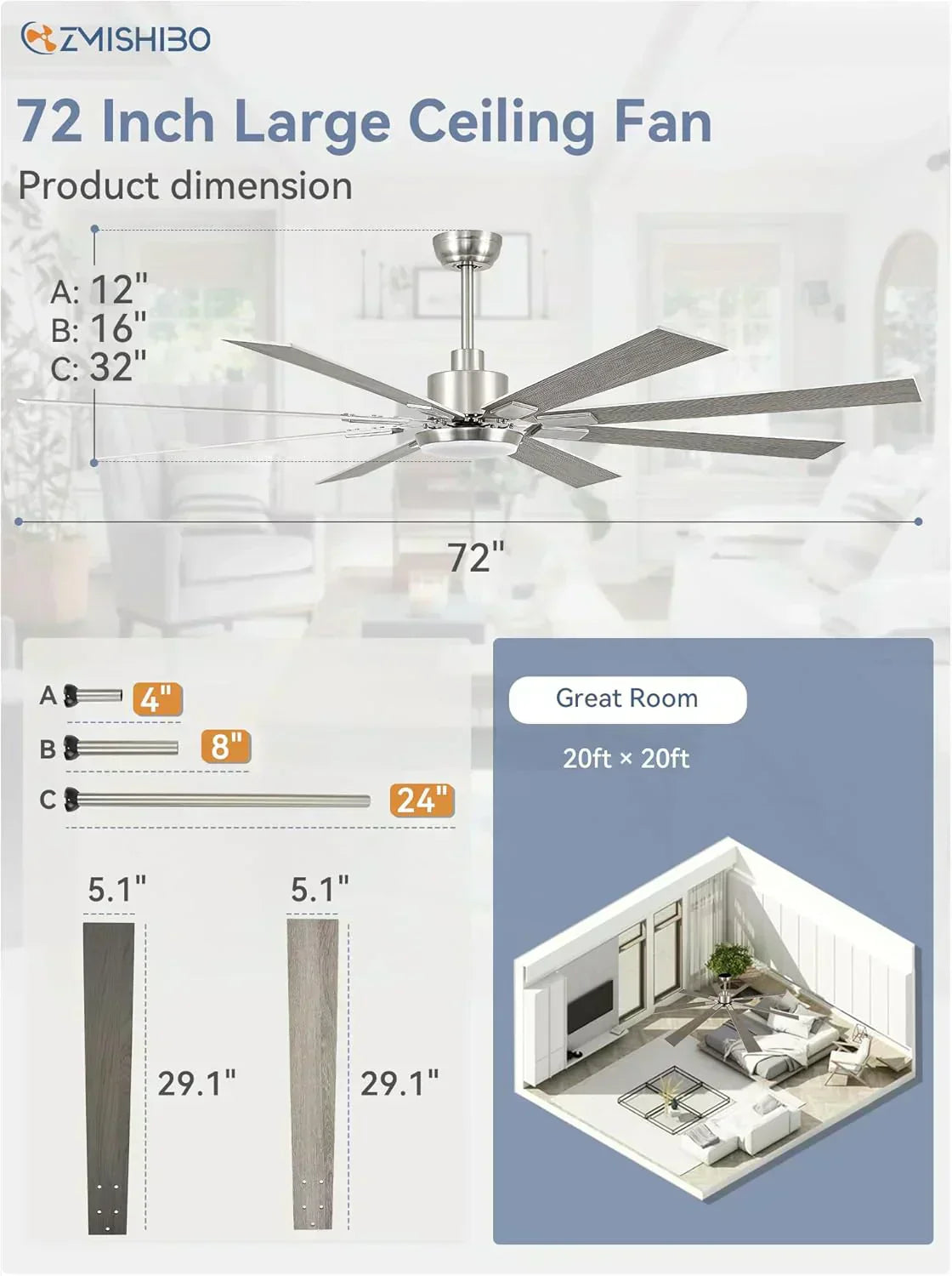 Zmishibo 72-inch large ceiling fan with lighting and remote indoor/outdoor